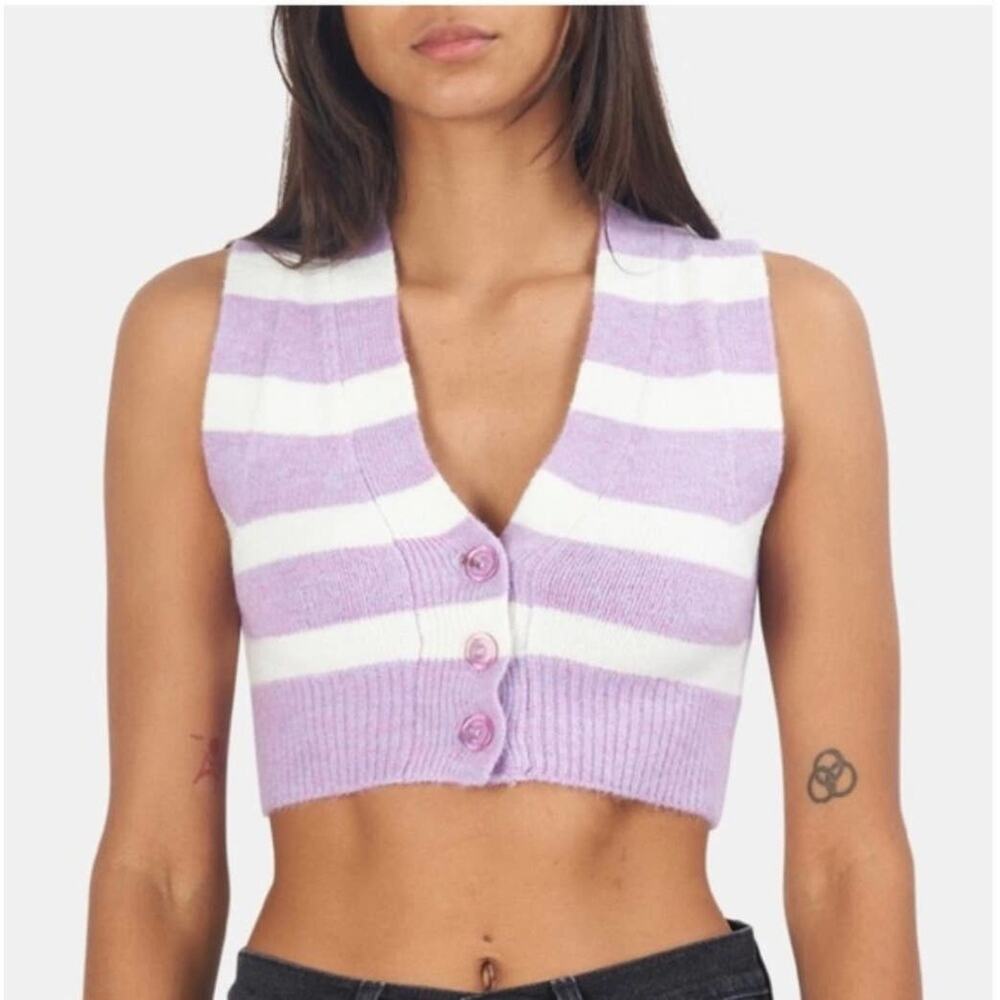 For Love & Lemons Purple‎ White Striped Cropped Sweater Vest Super Soft Knit NWT